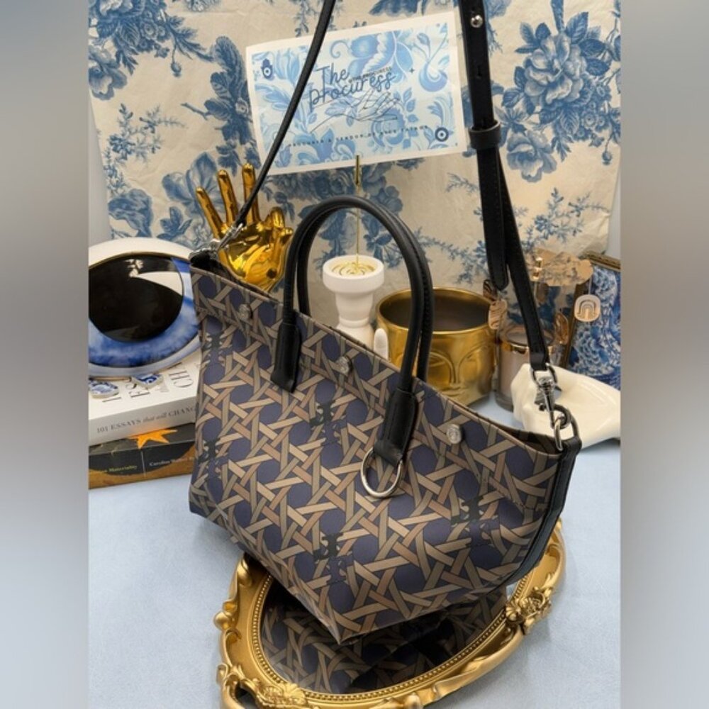 🆕 TORY BURCH 🧿 NWOT Small Basketweave Tote Bag, Cotton Canvas & Leather - AUTH - Picture 3 of 16